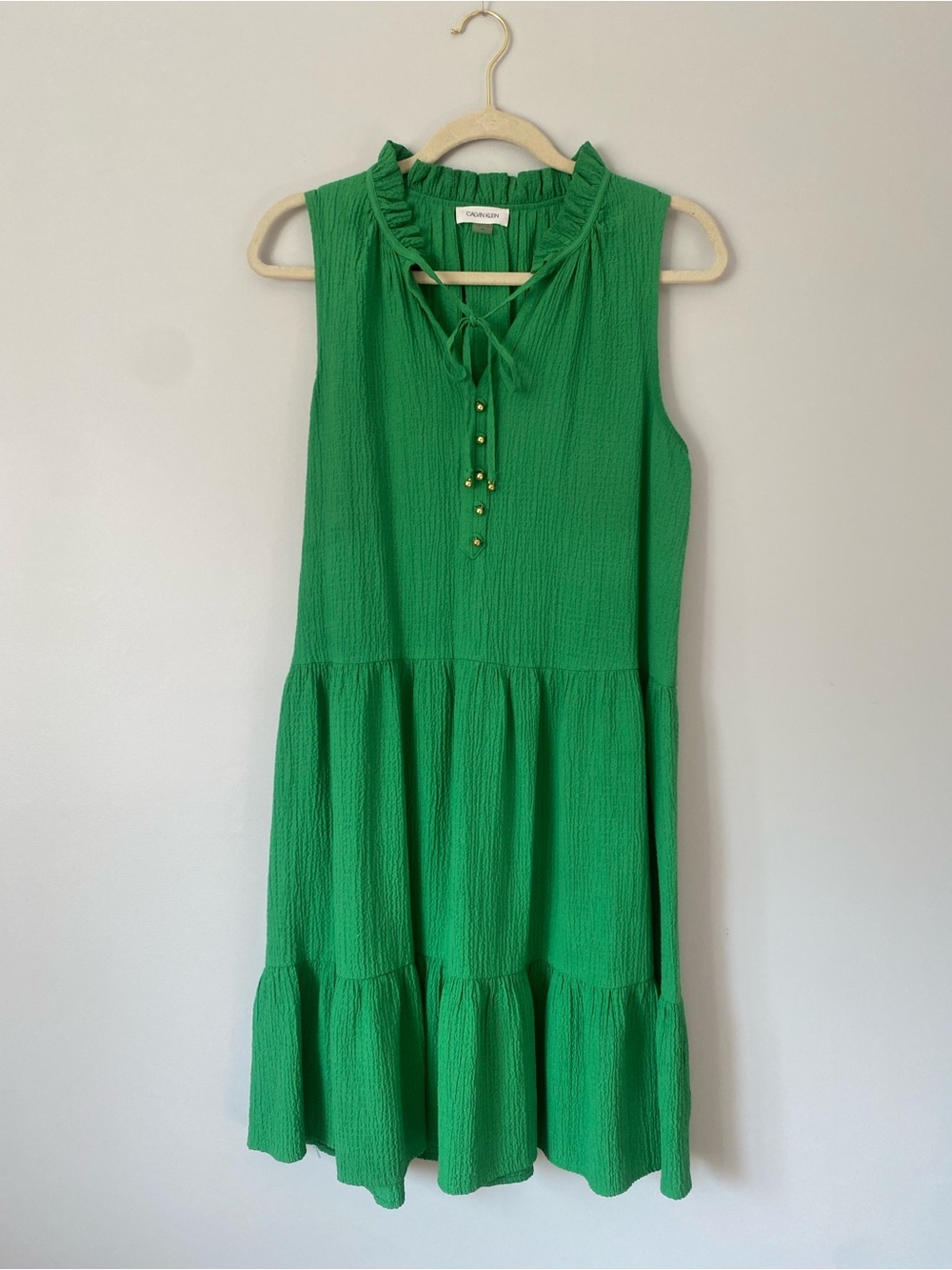Calvin Klein Green Ruffle Neck Tiered Dress Sleeveless Size 10